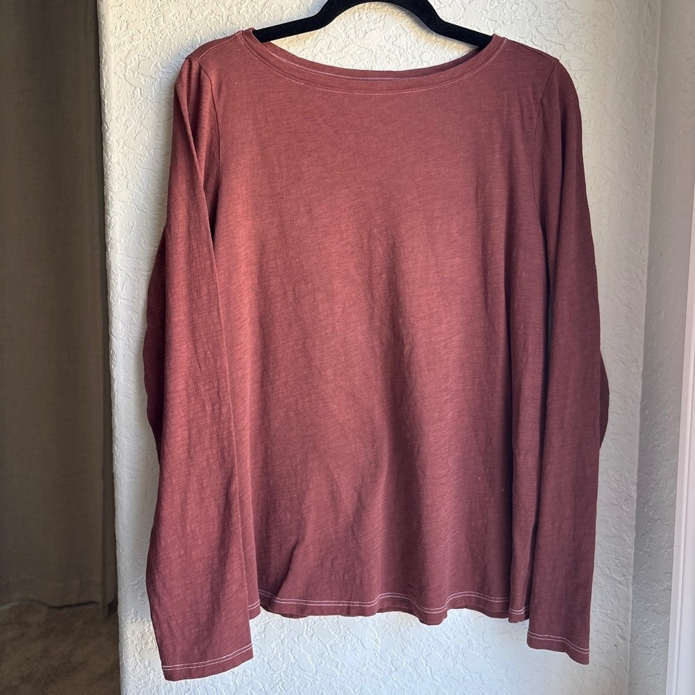 Eileen Fisher Organic Cotton Women M Top Brown Red Long Sleeve Fall Boat Neck